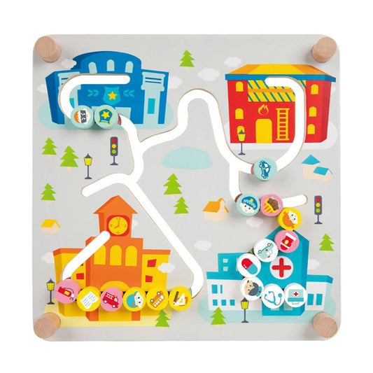 This classic world toy is perfect for inspiring children to use different parts of the brain to discover different routes from one place to the next. On one side, children can move cars from the hospital to the police station, or even the fire station!