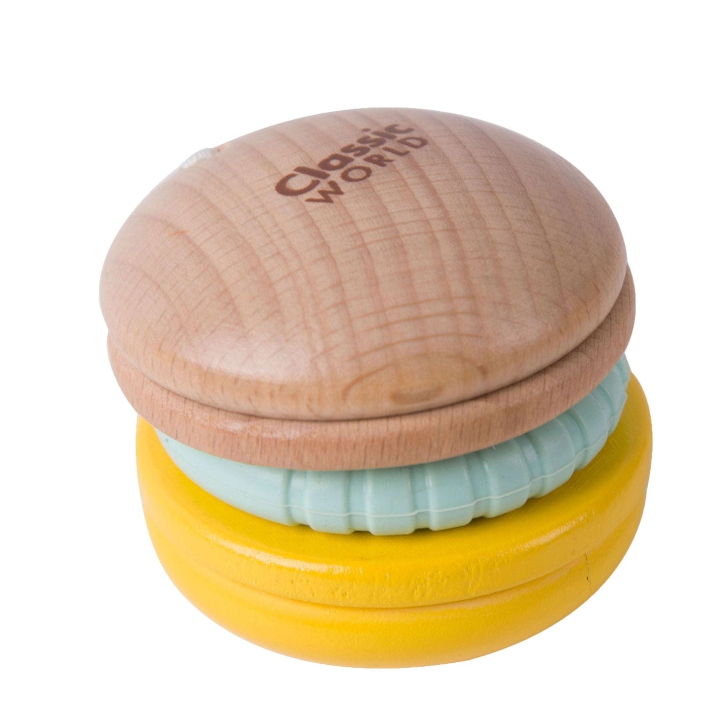 Close-up of a baby rattle shaped like a wooden macaroon, featuring a soft silicone teething ring and yellow base for sensory play.