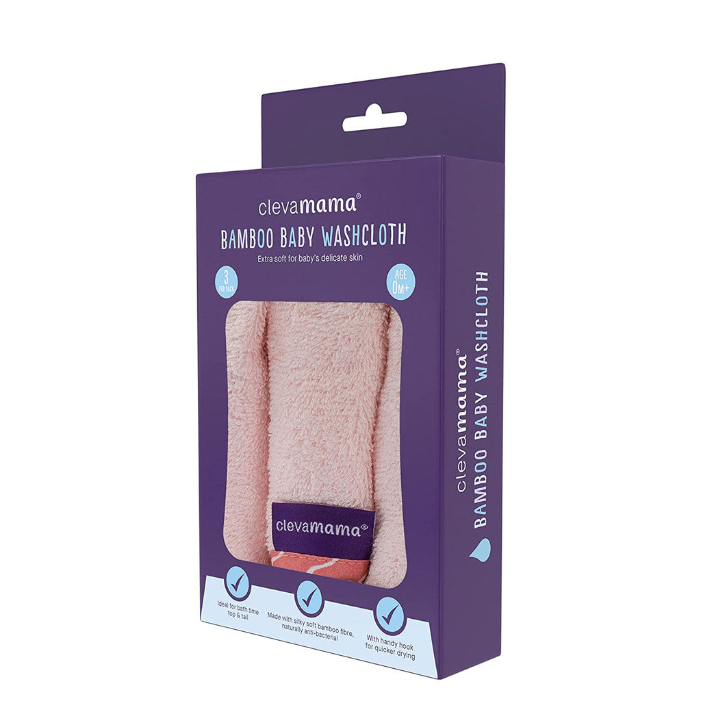 Retail packaging for the Clevamama Bamboo Baby Washcloth 3-Pack in pink, showing two cloths folded inside a purple cardboard box with printed features.