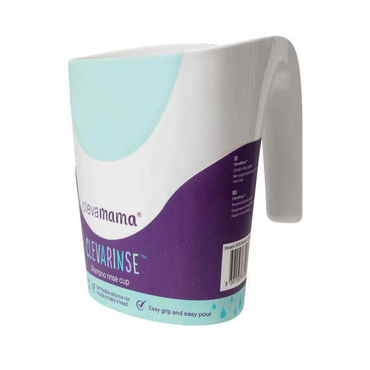 Shampoo rinse Cup with soft turquoise silicone edge and angled handle, shown upright with product label visible.