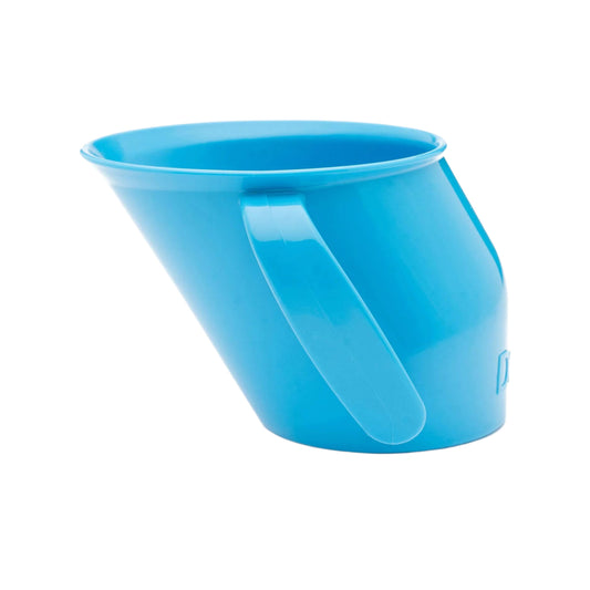 Side view of the slanted blue Doidy Cup. Shows its angled design for natural sipping and early weaning support.