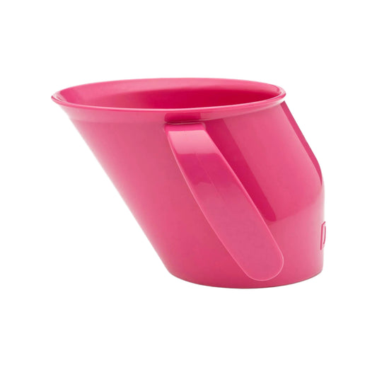 Side view of the slanted cerise Doidy Cup. Shows its angled design for natural sipping and early weaning support.