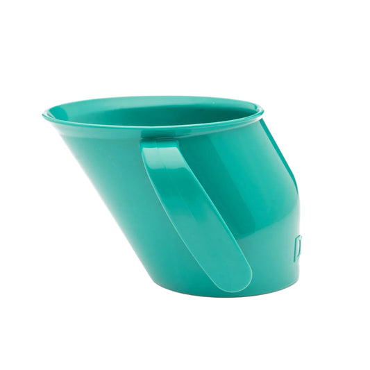Side view of the slanted green Doidy Cup. Shows its angled design for natural sipping and early weaning support.