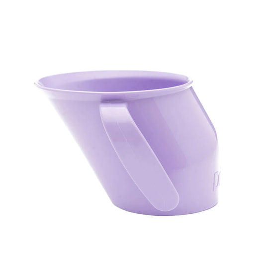 Side view of the slanted lilac Doidy Cup. Shows its angled design for natural sipping and early weaning support.
