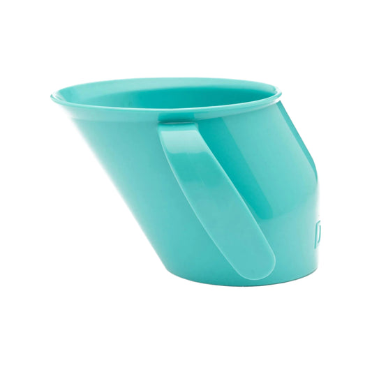 Side view of the slanted turquoise Doidy Cup. Shows its angled design for natural sipping and early weaning support.