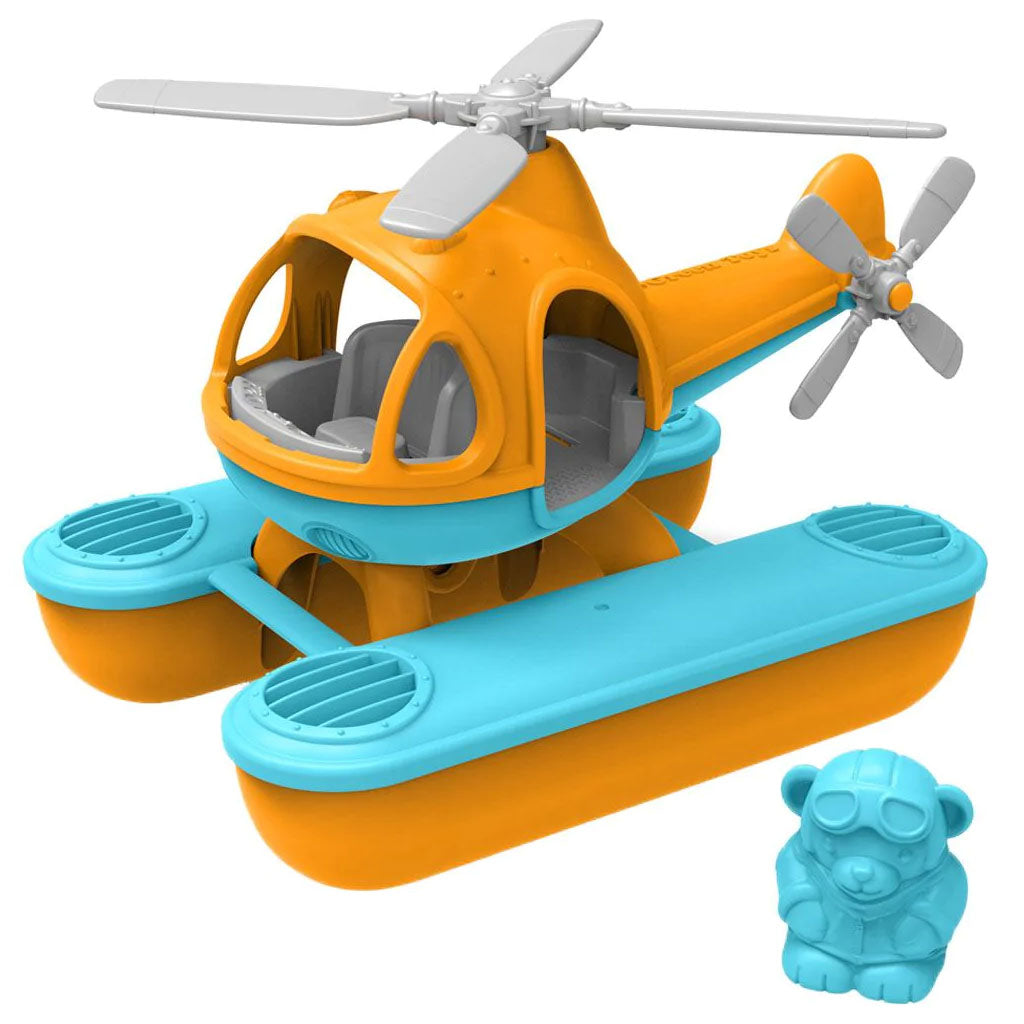 Green Toys Seacopter, featuring a large top rotor and additional tail rotor, the Seacopter also includes a pilot bear figure for the open-design cockpit. 