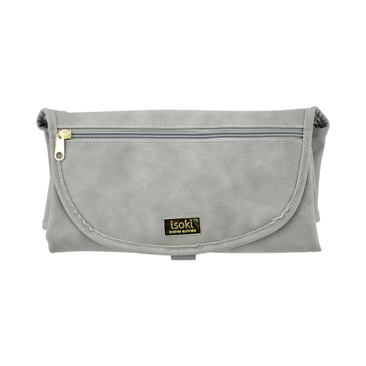 The ISOKI Change Mat Clutch is a wipe clean, padded mat with built in storage pockets and wipes holder. Conveniently folds up into neat clutch.
