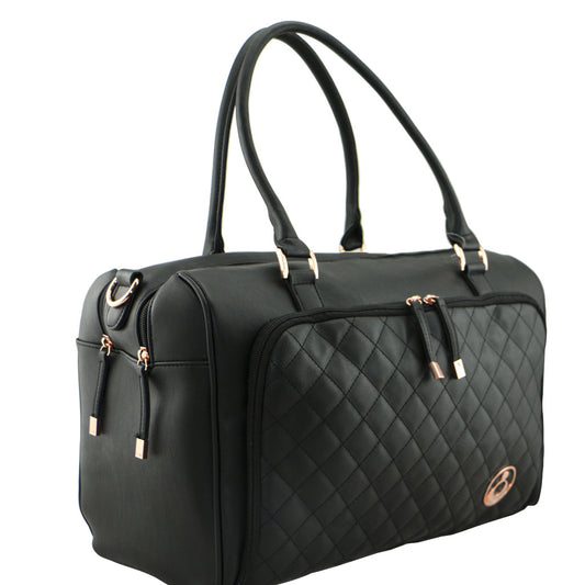 Side view of the Isoki Double Zip Satchel Nappy Changing Bag in Ebony Quilted with Rose Gold accents, showcasing stylish zippers and ample storage.