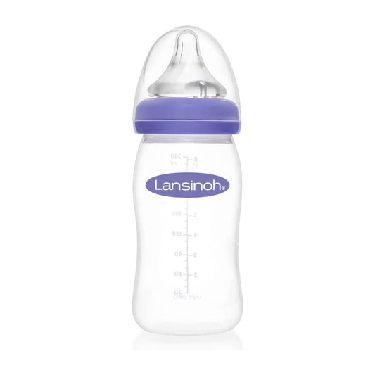 Single baby feeding bottle with purple collar, clear measurement markings and flexible silicone teat shown upright against a white background.