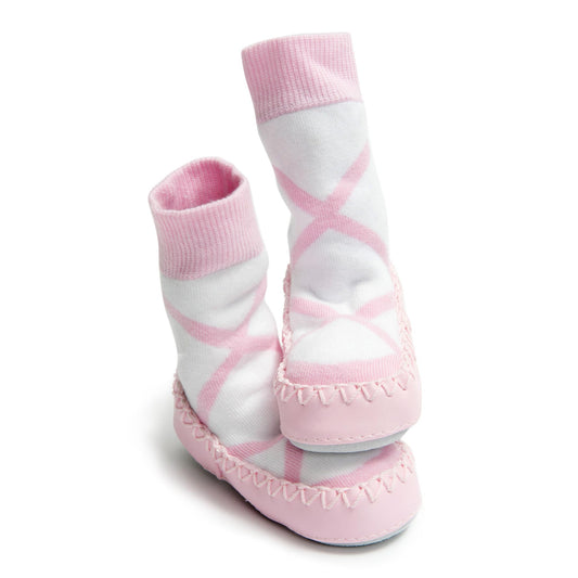 Ballerina design Mocc Ons Moccasin sock style slippers with a soft sole and white socks for keeping toes warm.