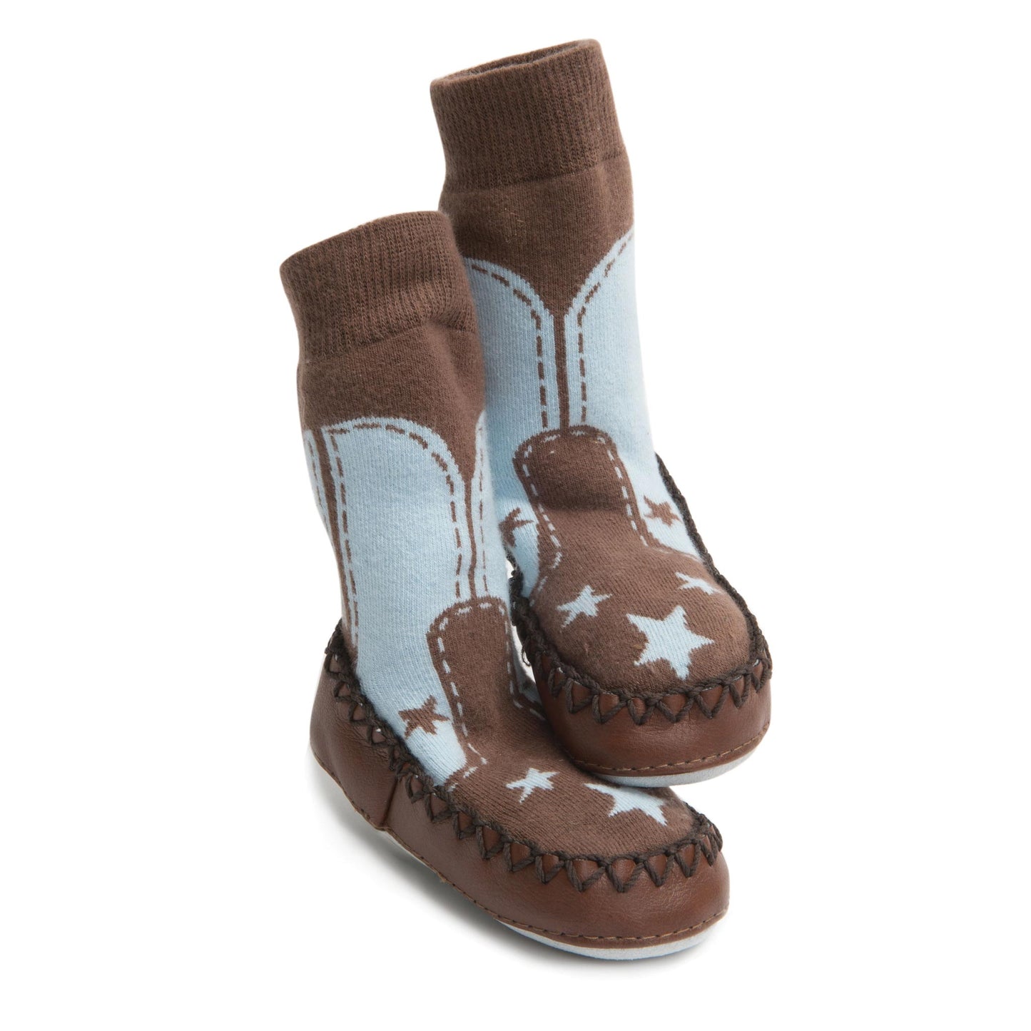 Brown and Blue Cowboy design Mocc Ons Moccasin sock style slippers with a soft sole. For keeping toes warm.