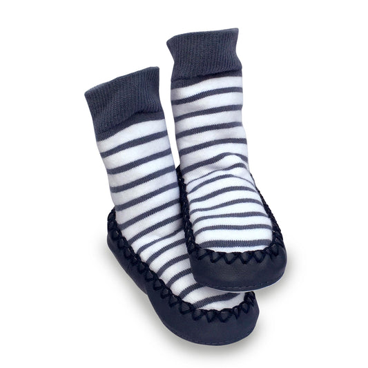 Blue and white Nautical stripe design Mocc Ons Moccasin sock style slippers with a soft sole. For keeping toes warm.