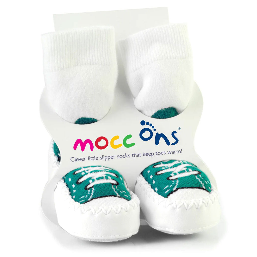 Turquoise sneaker design Mocc Ons Moccasin sock style slippers with a soft sole. For keeping toes warm.