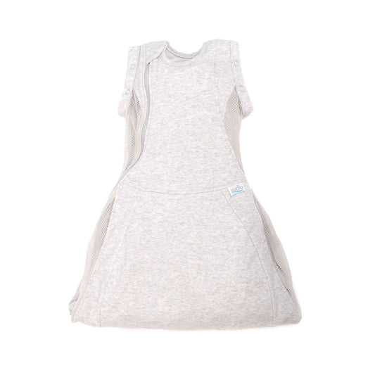 Purflo Swaddle to Sleep Bag 0.5 Tog in minimal grey. Lightweight, breathable mesh panels and adjustable fit for safe sleep up to 4 months.