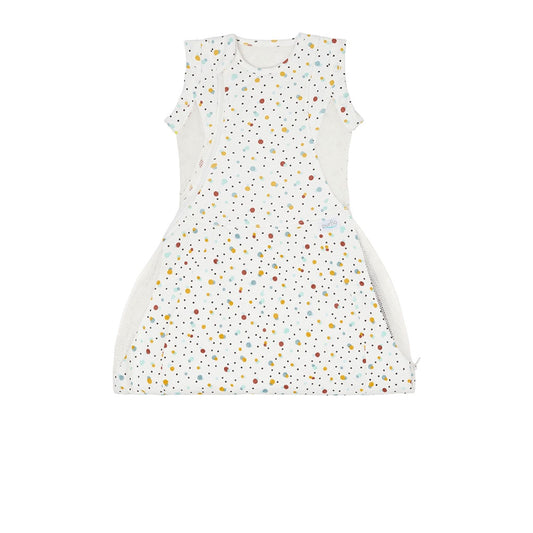 Purflo Swaddle to Sleep Bag 0.5 Tog in Scandi Spot print. Lightweight, breathable mesh panels and adjustable fit for safe sleep up to 4 months.