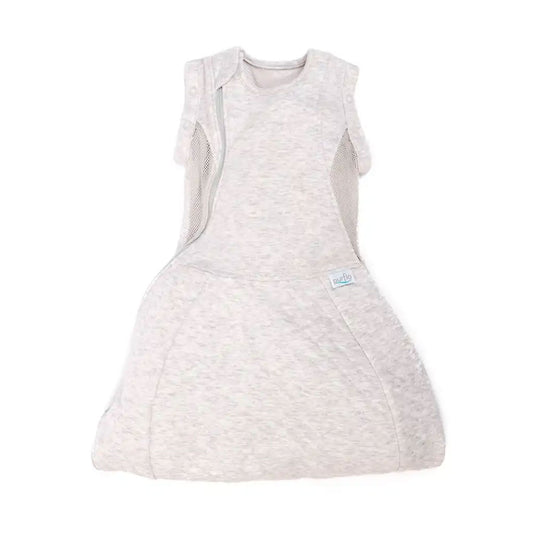 Purflo Swaddle to Sleep Bag 2.5 Tog in Minimal Grey, featuring a soft, neutral grey design with breathable mesh panels for comfort and airflow.