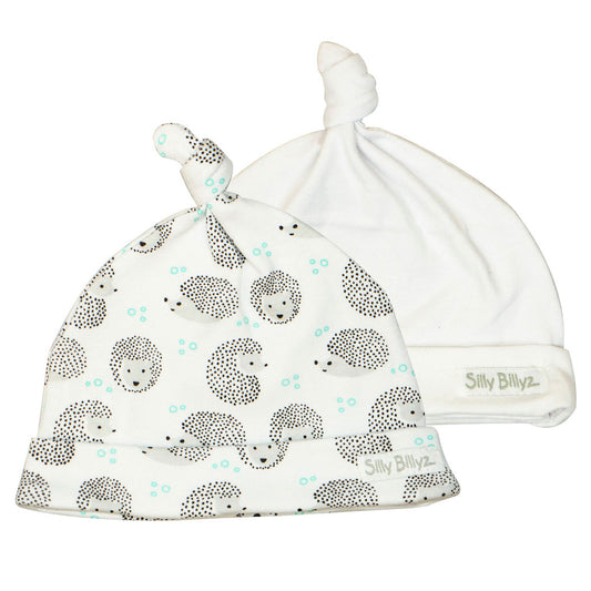 Created by Silly Billyz, using their signature super soft jersey cotton, these delightful cotton  baby hats are the perfect gift for any newborn. The soft cotton jersey is warm and comfortable on delicate skin.  It comes as a pack of 2 -  featuring one design beanie and one plain white beanie.