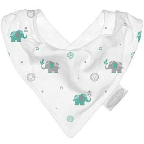 Baby bandana Bib featuring a white cotton jersey bib with soft teal and grey elephant print, triangular shape, snap fastenings at the neck, and a smooth, lightweight finish designed to sit neatly around a baby’s neckline.