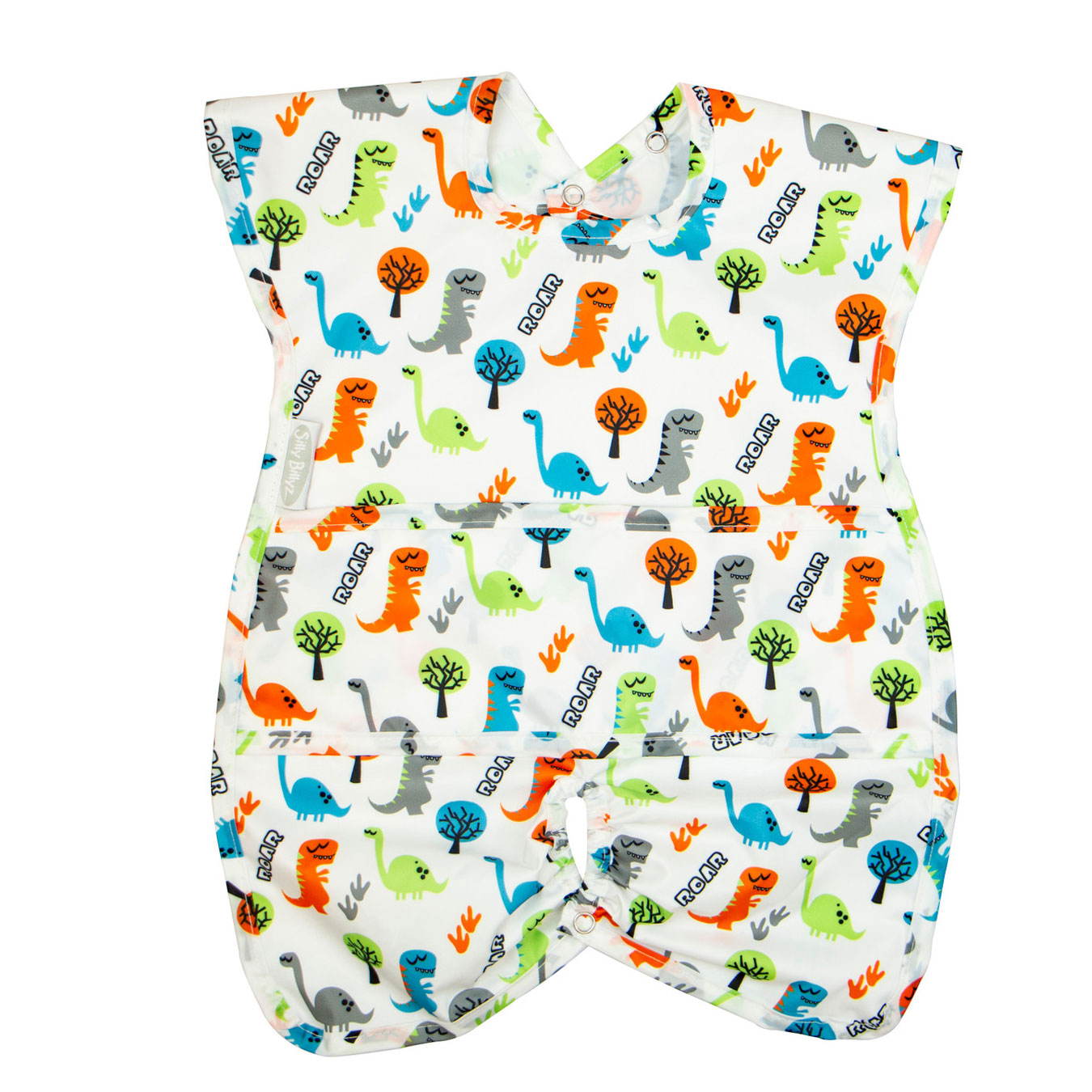 Roar print Silly Billyz wipe-clean highchair hugger bib featuring wide shoulders and an elasticated hem for effective spill and mess protection.