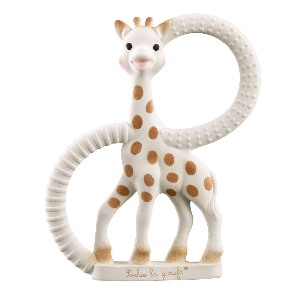 Made from the same natural rubber and food grade paints as the original Sophie the Giraffe.  Great for little hands to hold and ideal for soothing painful gums.  Features a variety of textures to relieve baby at different stages of teething.