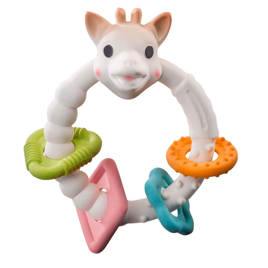 A colourful teething ring with multiple textures!    Featuring several soft parts to nibble with a variety of textures (rounded dots, ribbed surfaces, Sophie's ears and horns), it offers different ways for Baby to soothe their gums.    Four brightly coloured geometric shapes attract Baby's attention and they will enjoy sliding them around the main ring