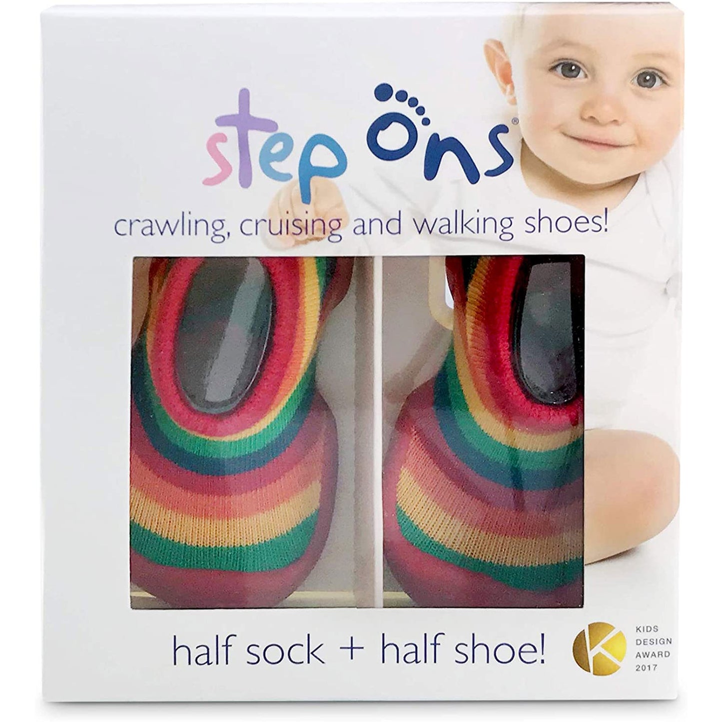 Retail packaging for Step Ons baby shoes, showing a white box with a clear window revealing rainbow stripe design shoes inside and printed product branding on the front.