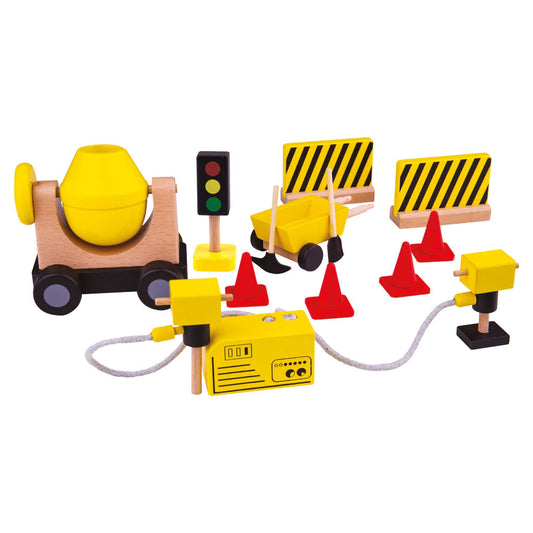 Mix cement ready for resurfacing with the sturdy Tidlo Construction Toy Set (Figures sold separately)! Complete with a rotating cement mixer, generator, power tools, hand tools, and traffic barrier, there is plenty to spark hours of imaginative play.