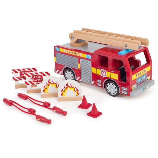 Fire Engine toy from Tidlo. Perfect for any budding young firefighter, this extensive set features two full fire hoses with nozzles, two traffic cones, two barricades and two fires. 