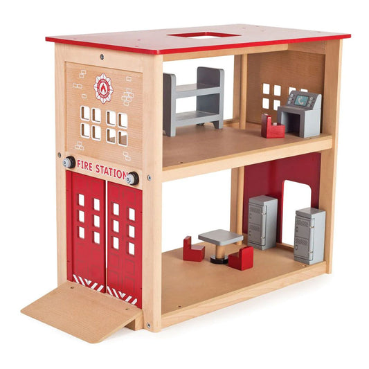 Spark imaginative play with this delightful wooden Fire Station Toy from Tidlo. Perfect for any budding young firefighter, this extensive set features a firefighters pole, a sloping ramp and swing open doors, two lockers, a table, three chairs, a dispatch desk and bunk bed.