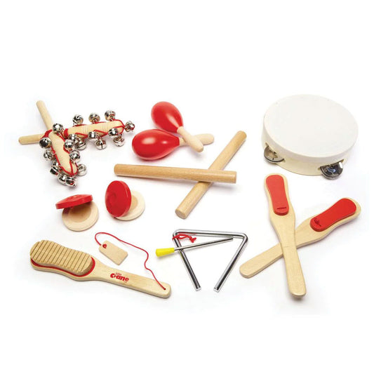 These kids instruments are guaranteed to get the music flowing at playtime! With a tambourine, castanets, maracas, paddles, rhythm sticks, a scrape, bells and a triangle, there's enough to create a whole musical band!