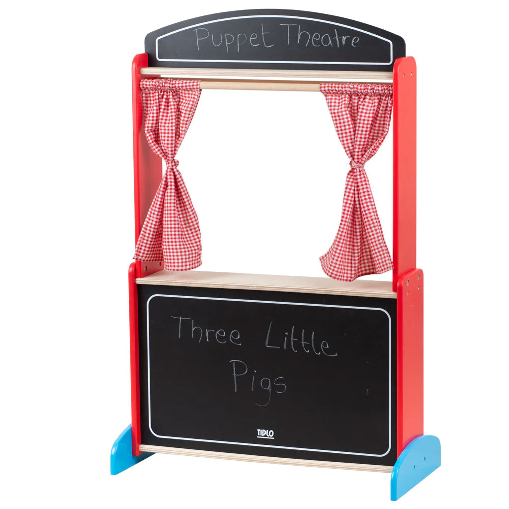 The Tidlo wooden puppet theatre features red gingham curtains that can be tied up to open the show and then drawn shut to close the show! Generously sized, the theatre has plenty of room behind so children can sit backstage as they direct the show.