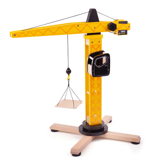 This wooden crane toy also features an operable hook complete with a lifting pallet. The top cab features an open top design for little workers to fit in easily, and winds up and down the side of the tower to enable worker access!