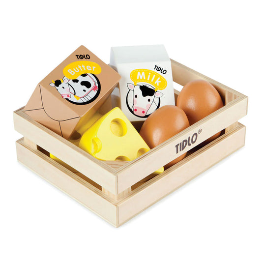 Tidlo Wooden Play Food is a great way to teach little ones about the importance of a healthy and balanced diet, where our food comes from and how we prepare our meals.  With this set, children can learn all about milk, butter, eggs and cheese, where it comes from and how we can use it when cooking. 