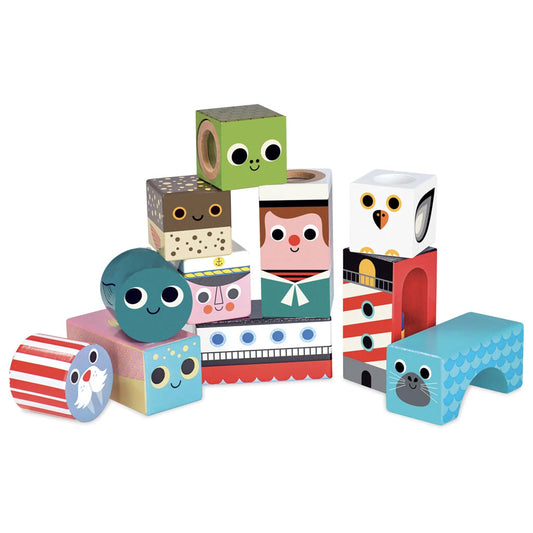These beautiful musical blocks from Vilac are decorated with a variety of ocean themed characters, from a sailor, to a smiling pufferfish, to an ocean bound ship. Not only this but some of the characters also make fun sounds. 