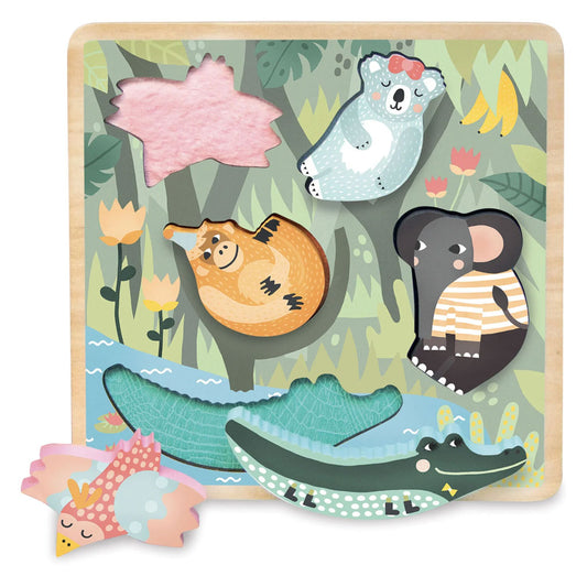 The Jungle Touch and Feel Puzzle gives young children not only a pretty jungle scene to look at but one to interact with as well. Each of the five, very well dressed animals have a different texture behind them which will delight children and introduce tactile, sensory play.