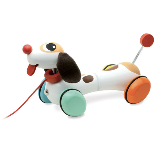 This Vilac wooden dog pull toy will provide much delight for young children as it waddles along while they pull it behind them. This characterful dog with felt details is a perfect companion for any young child as they explore the world around them.
