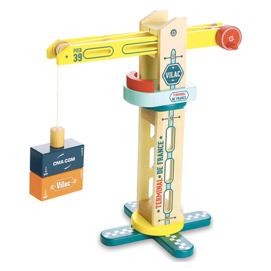 This fun, colourful wooden crane from Vilac will provide hours of entertainment for young children – and their parents! It is fully rotatable with a winch and extendable boom and magnets to pick up the cargo pieces. Perfect to pair with the Jules Verne container ship for the full port experience.