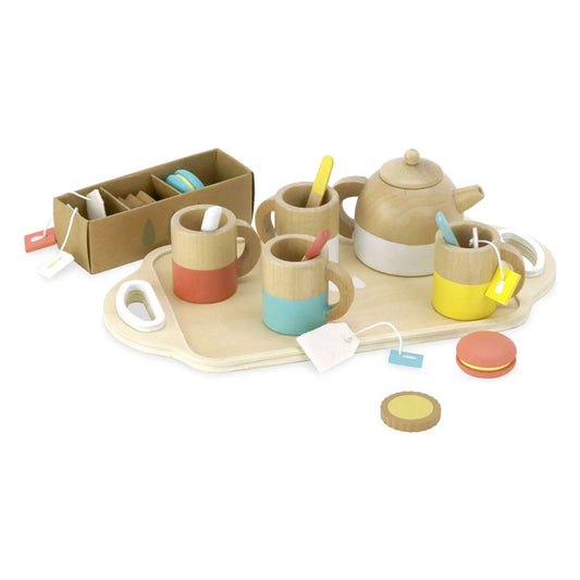 A complete and well made miniature tea set for young children to have endless fun hosting imaginary tea parties. Includes everything needed to fuel young childrens imagination, from a set of mugs with a teapot to a selection of wooden biscuits. It even has felt tea bags for the full experience. All can be carried to the tea time destination on the simply designed tray.