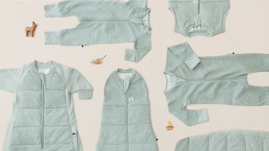 Flat lay image of mint green ErgoPouch sleepwear pieces on a neutral background, shown as part of a Bebeco blog post.