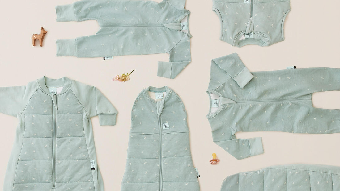 Grouped image of baby sleep wear in sage
