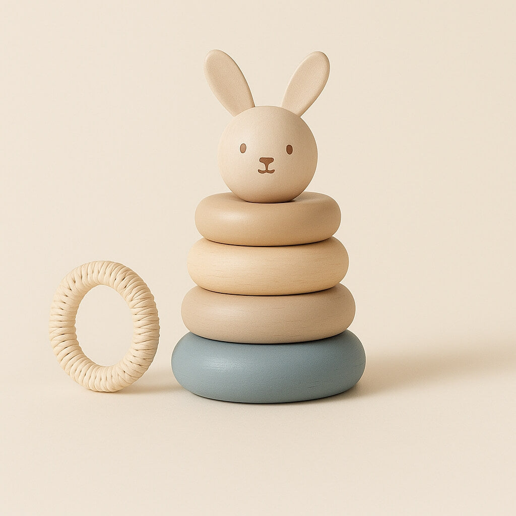 Warm neutral image featuring a wooden stacking toy with bunny ears and a textured teething ring, representing the 0–6 months toy collection by Bebeco.