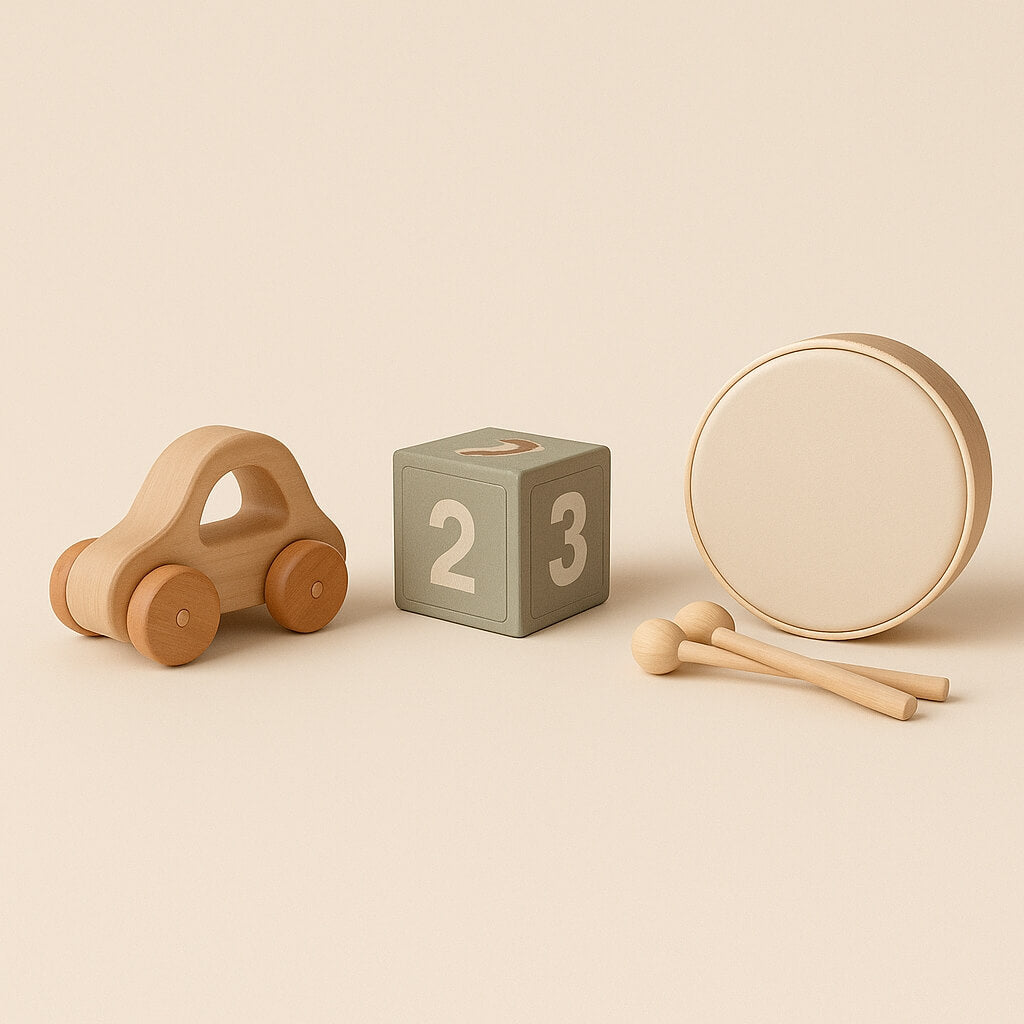 Warm neutral image featuring a wooden toy car, number block and small drum with drumsticks, representing the 1–2 years toy collection by Bebeco.