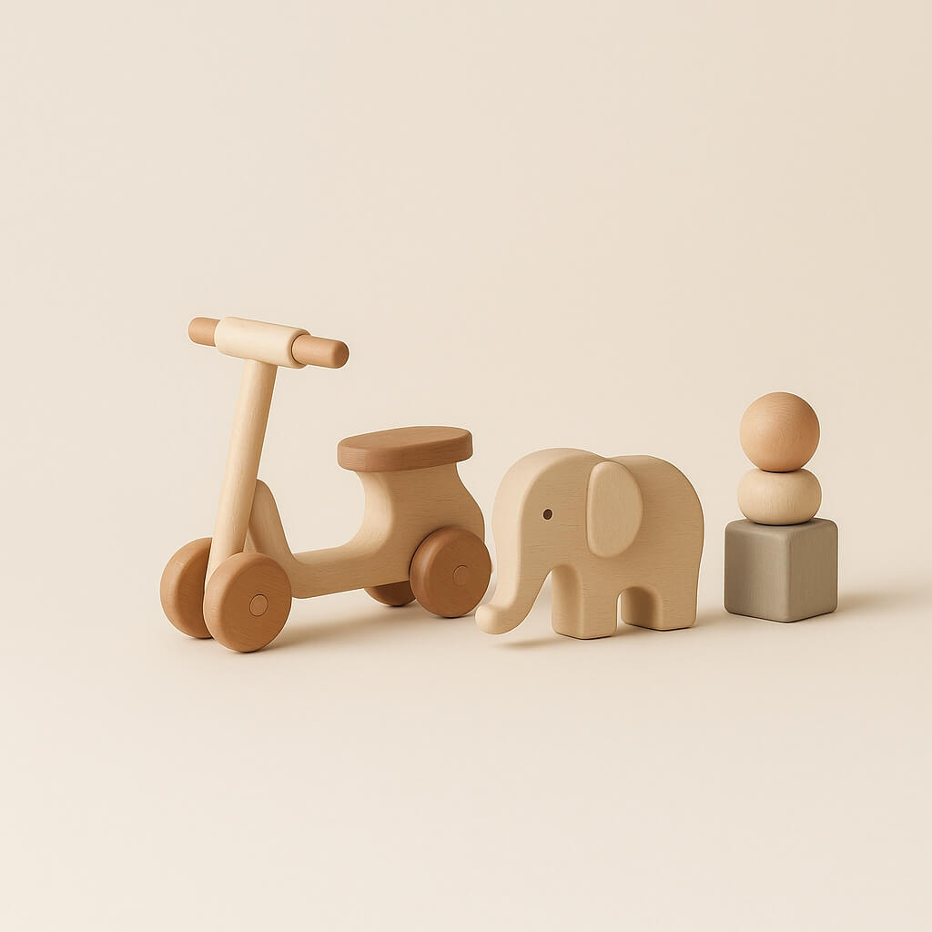Warm neutral image showing a wooden balance bike, elephant figure and stacking toy, representing creative play for the 2–4 years toy collection by Bebeco.