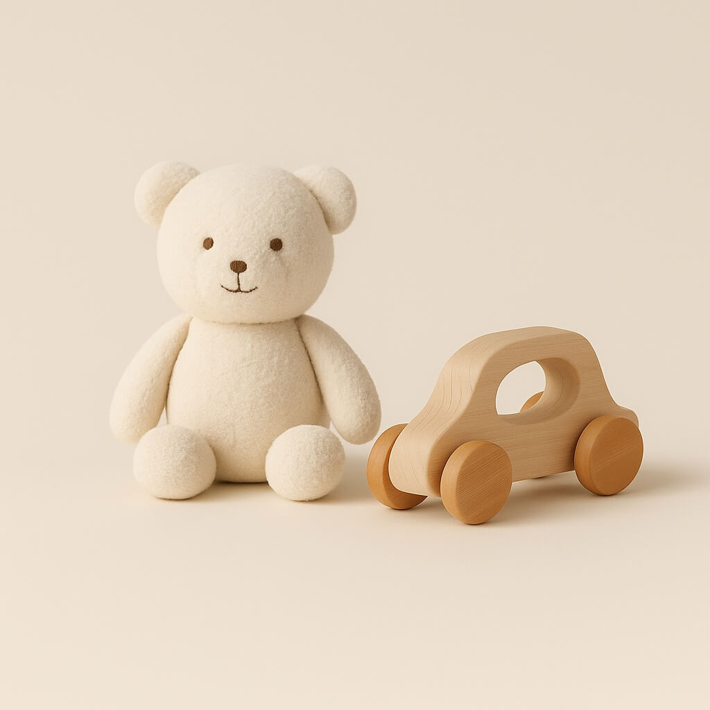 Soft neutral image featuring a plush teddy bear and wooden toy car, representing gentle play for the 6–12 months toy collection by Bebeco.
