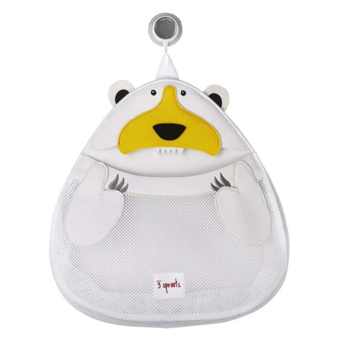 3 Sprouts Bath Storage in a polar bear design with mesh pouch and yellow snout detail, shown hanging with a suction cup attachment.