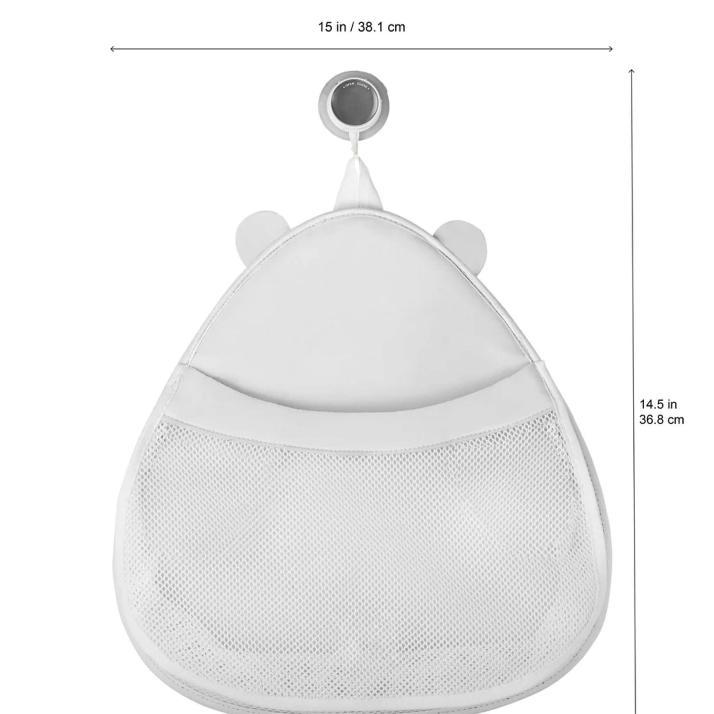 Back view of the 3 Sprouts polar bear bath storage showing product dimensions: 15 inches wide by 14.5 inches high, with mesh pocket and suction cup.