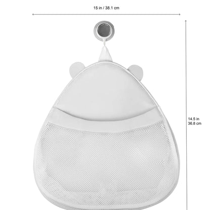 Back view of the 3 Sprouts polar bear bath storage showing product dimensions: 15 inches wide by 14.5 inches high, with mesh pocket and suction cup.