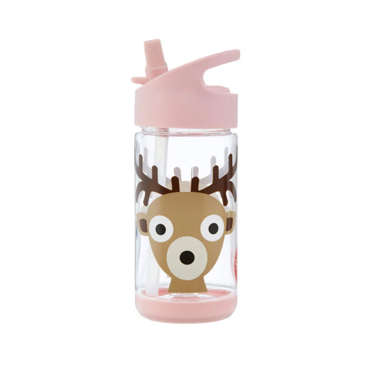 3 Sprouts water bottle featuring a deer design with a flip spout and pink lid, made from clear Tritan plastic.