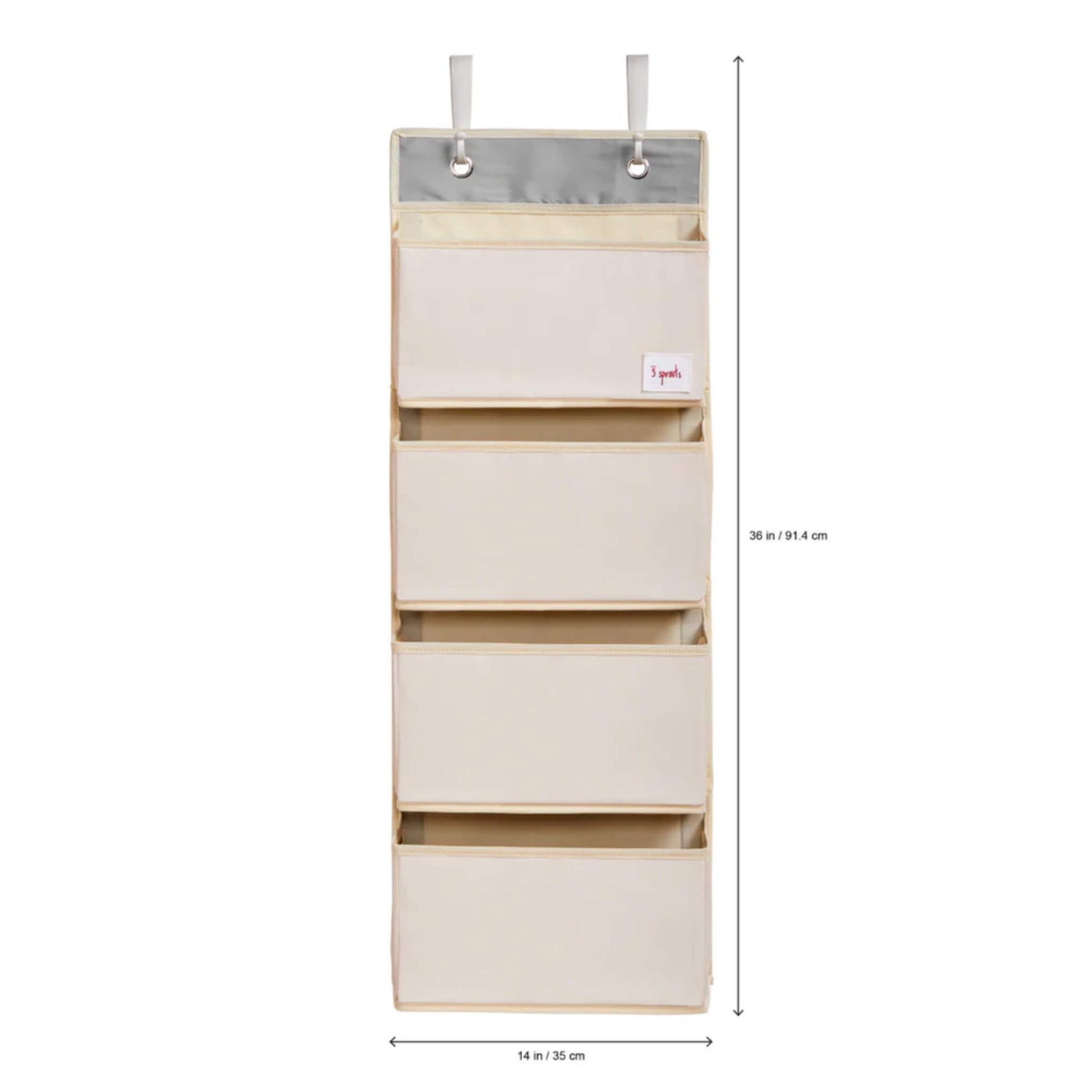 3 Sprouts wall organiser shown flat with dimensions marked: 36 inches tall and 14 inches wide, featuring four plain pockets.
