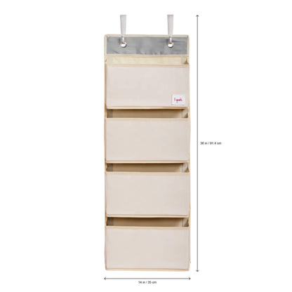 3 Sprouts wall organiser shown flat with dimensions marked: 36 inches tall and 14 inches wide, featuring four plain pockets.